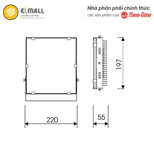 Kích thước đèn pha led 50W CP06 Rạng Đông